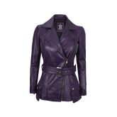 Women's Asymmetrical Purple Belted Leather Jacket
