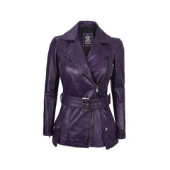 Women's Asymmetrical Purple Belted Leather Jacket