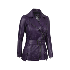 Women's Asymmetrical Purple Belted Leather Jacket