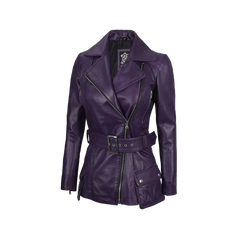 Women's Asymmetrical Purple Belted Leather Jacket