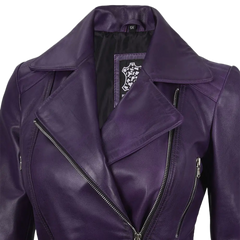 Women's Asymmetrical Purple Belted Leather Jacket