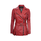 Women's Asymmetrical Red Belted Leather Jacket