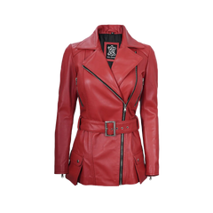 Women's Asymmetrical Red Belted Leather Jacket