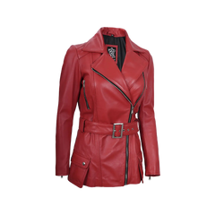 Women's Asymmetrical Red Belted Leather Jacket