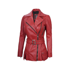 Women's Asymmetrical Red Belted Leather Jacket