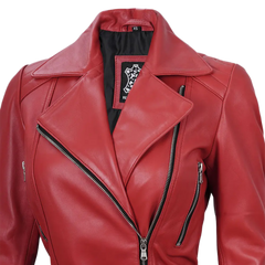 Women's Asymmetrical Red Belted Leather Jacket