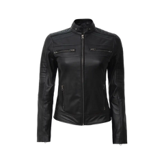 Women's Black Cafe Racer Lightweight Leather Jacket