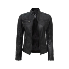 Women's Black Cafe Racer Lightweight Leather Jacket