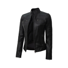 Women's Black Cafe Racer Lightweight Leather Jacket