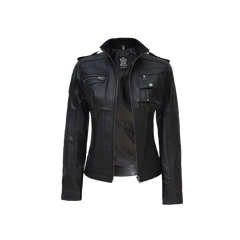 Women's Black Cafe Racer Real Leather Jacket