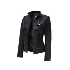 Women's Black Cafe Racer Real Leather Jacket