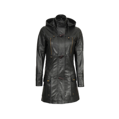 Women’s Black 3/4 Length Leather Coat with Hood
