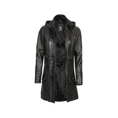 Women’s Black 3/4 Length Leather Coat with Hood