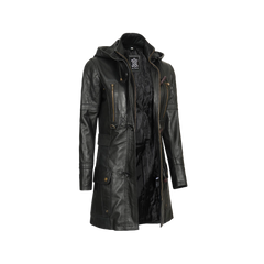 Women’s Black 3/4 Length Leather Coat with Hood