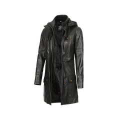 Women’s Black 3/4 Length Leather Coat with Hood