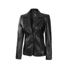 Women's Black Two-Button Leather Blazer Jacket