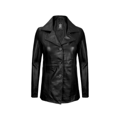 Women's Black Real Leather Blazer with Three Button