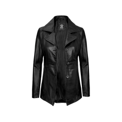 Women's Black Real Leather Blazer with Three Button