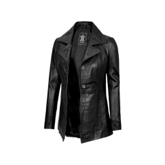 Women's Black Real Leather Blazer with Three Button