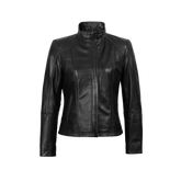 Women's Black Leather Cafe Racer Motorcycle Jacket