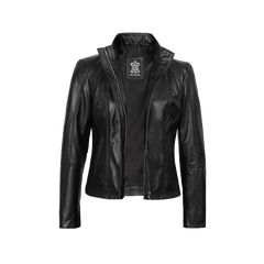 Women's Black Leather Cafe Racer Motorcycle Jacket