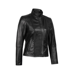 Women's Black Leather Cafe Racer Motorcycle Jacket