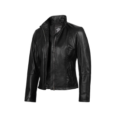 Women's Black Leather Cafe Racer Motorcycle Jacket