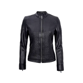 Women's Black Leather Cafe Racer Textured Jacket