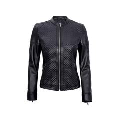 Women's Black Leather Cafe Racer Textured Jacket