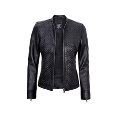 Women's Black Leather Cafe Racer Textured Jacket
