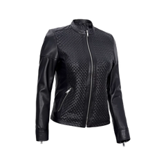 Women's Black Leather Cafe Racer Textured Jacket
