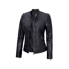 Women's Black Leather Cafe Racer Textured Jacket