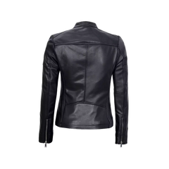 Women's Black Leather Cafe Racer Textured Jacket