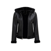 Women's Black Leather Hooded Shearling Jacket