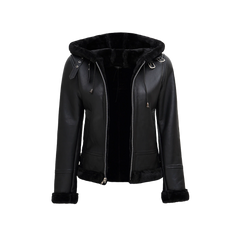 Women's Black Leather Hooded Shearling Jacket
