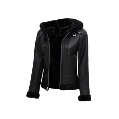 Women's Black Leather Hooded Shearling Jacket
