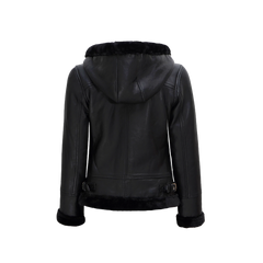 Women's Black Leather Hooded Shearling Jacket