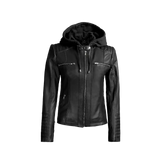 Women's Black Leather Jacket With Removable Hood