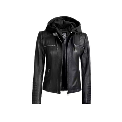 Women's Black Leather Jacket With Removable Hood