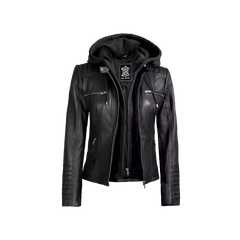 Women's Black Leather Jacket With Removable Hood