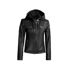 Women's Black Leather Jacket With Removable Hood
