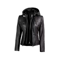 Women's Black Leather Jacket With Removable Hood