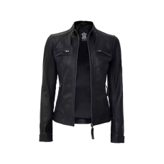 Women Black Quilted Cafe Racer Leather Jacket