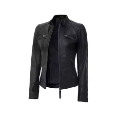 Women Black Quilted Cafe Racer Leather Jacket