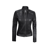 Women's Black Real Leather Cafe Racer Jacket
