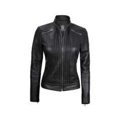 Women's Black Real Leather Cafe Racer Jacket
