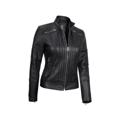 Women's Black Real Leather Cafe Racer Jacket