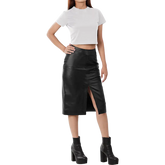 Women's Black Real Leather Midi Pencil Skirt