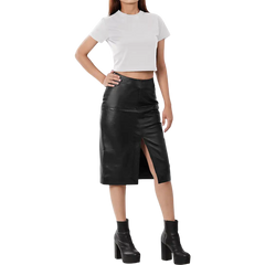 Women's Black Real Leather Midi Pencil Skirt