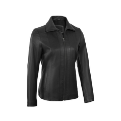 Women's Black Shirt Collar Harrington Lightweight Leather Jacket